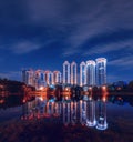 Residential complex `Valley Setun`, Housing Complex `Vorobyovy Gory` and Mosfilmovsky pond at night. District Ramenki