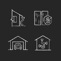 Residential construction chalk white icons set on dark background