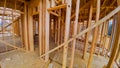 Residential home framing view on new house wooden under construction Royalty Free Stock Photo