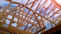 Residential home framing view on new house wooden under construction Royalty Free Stock Photo