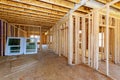 Residential home framing view on new house wooden under construction Royalty Free Stock Photo