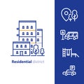 Residential district concept, real estate development, apartment building with nearby amenities Royalty Free Stock Photo