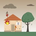 Residential fire. Burning Family house. Fire insurance. Royalty Free Stock Photo