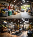 Before and After of Residential Garage With and Without A New Fitness Gym Makeover. Generative AI