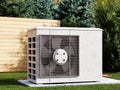 Residential heat pump unit installed in the house garden Royalty Free Stock Photo