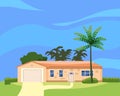 Residential Home Building in landscape tropic trees, palms. House exterior facades front view architecture family Royalty Free Stock Photo