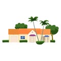 Residential Home Building, tropic trees, palms. House exterior facades front view architecture family cottage house or Royalty Free Stock Photo