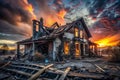 Residential Home Devastation After Fire Collapsed Roof and Blackened Walls Reveal Structural Damage Royalty Free Stock Photo