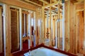 Residential home framing view on new house wooden under construction Royalty Free Stock Photo