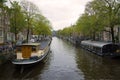 Residential house-boats on the Princes canal on a cloudy September morning. Amsterdam