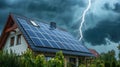 Residential house equipped with solar panels for renewable energy in a heavy thunderstorm with lightning Royalty Free Stock Photo