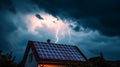 Residential house equipped with solar panels for renewable energy in a heavy thunderstorm with lightning Royalty Free Stock Photo