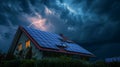 Residential house equipped with solar panels for renewable energy in a heavy thunderstorm with lightning, a part of the Royalty Free Stock Photo