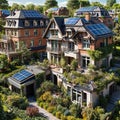 Residential house with solar panels viewed from above in an urban setting