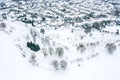 Residential houses covered with snow at winter season. aerial view