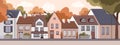 Residential houses exteriors at sunset in empty deserted city. Outside town homes panorama. Dwellings facades row Royalty Free Stock Photo