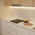 Residential interior design of modern kitchen in minimal apartment, 3d rendering