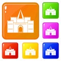 Residential mansion with towers icons set vector color