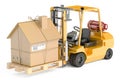 Residential Moving concept. Forklift truck with cardboard house