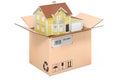 Residential Moving concept, house inside cardboard box, 3D rendering