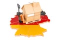 Residential moving service in Germany, concept. Hydraulic hand pallet truck with cardboard house parcel on German map, 3D