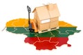 Residential moving service in Latvia, concept. Hydraulic hand pallet truck with cardboard house parcel on Latvian map, 3D