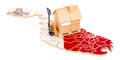 Residential moving service in Malta, concept. Hydraulic hand pallet truck with cardboard house parcel on Maltese map, 3D