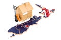 Residential moving service in New Zealand, concept. Hydraulic hand pallet truck with cardboard house parcel on New Zealand map, 3D