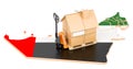 Residential moving service in the UAE, concept. Hydraulic hand pallet truck with cardboard house parcel on the United Arab