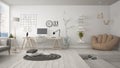 Residential multifunctional loft with home office workplace, scandinavian minimalist interior design Royalty Free Stock Photo