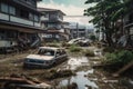 residential neighborhood with flooded streets and overturned cars after tsunami hits coastline