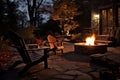 Residential open-air wood-burning pit paired with wooden stools and botanical embellishments. Generate Ai Royalty Free Stock Photo