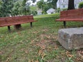 Residential park benches amongst suburban homes