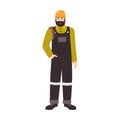 Residential plumber, drain or pipe cleaning service worker wearing overalls and hard hat. Smiling male cartoon character