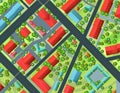 Residential quarter. Streets of city. Top View from above. Small town house and road. Map with roads, trees and