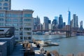 Residential Rooftop Deck with a view of the Brooklyn Bridge and Lower Manhattan Skyline in New York City Royalty Free Stock Photo