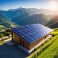Residential rooftop solar panel systemagainst the stunning backdrop of a mountainous countryside