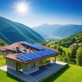 Residential rooftop solar panel systemagainst the stunning backdrop of a mountainous countryside