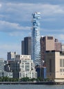 Residential skyscraper in Tribeca, NYC called 56 Leonard St or Jenga Tower, seen from a boat on the Hudson River