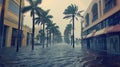 Residential street flooded with stormwater and palm trees swaying in strong winds