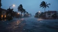 Residential street flooded with stormwater and palm trees swaying in strong winds