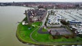 Residential street and marina quay flooded by storm Henk in Hoorn the Netherlands Aerial drone view