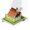 Residential Suburban Building on Flaming Fire. Isometric Concept. Dense Smoke