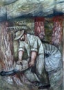 Residents of Hohenberg work in forests, fresco on the wall of the pilgrimage house of St. James in Hohenberg, Germany