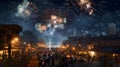 Residents of poor neighborhoods watching a fireworks show in the night sky. New Year\'s fun and festiv