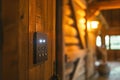 Residents in a rustic barn activate smart lighting and security systems, illustrating modern conveniences.