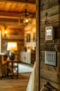 Residents in a rustic barn activate smart lighting and security systems, illustrating modern conveniences. Royalty Free Stock Photo