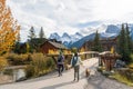 Town of Canmore in fall season. Canmore Opera House at Spring Creek beside the wooden boardwalk bridge. Alberta, Canada. Royalty Free Stock Photo