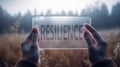 Resilience and adaptability concept. Person holding a piece of frosted glass etched with word resilience