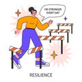 Resilience. Confident woman steps over hurdles. Determined female